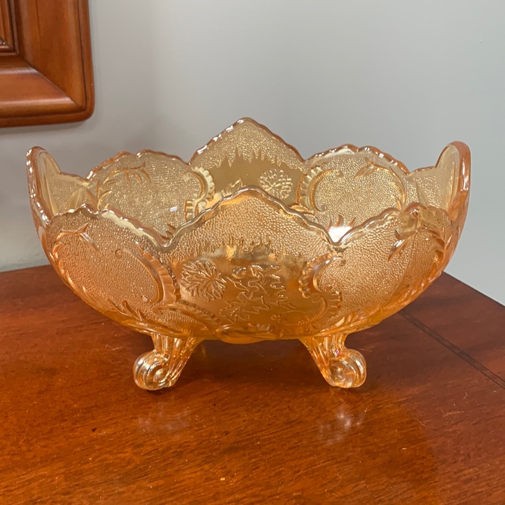 Vintage Indiana Marigold Footed Carnival Glass Oval Bowl Compote Scalloped Edge